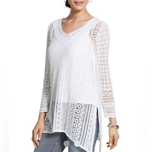Chico’s Cotton Novel Crochet Cecilia Long Sleeve Top In White Size L - Picture 1 of 9